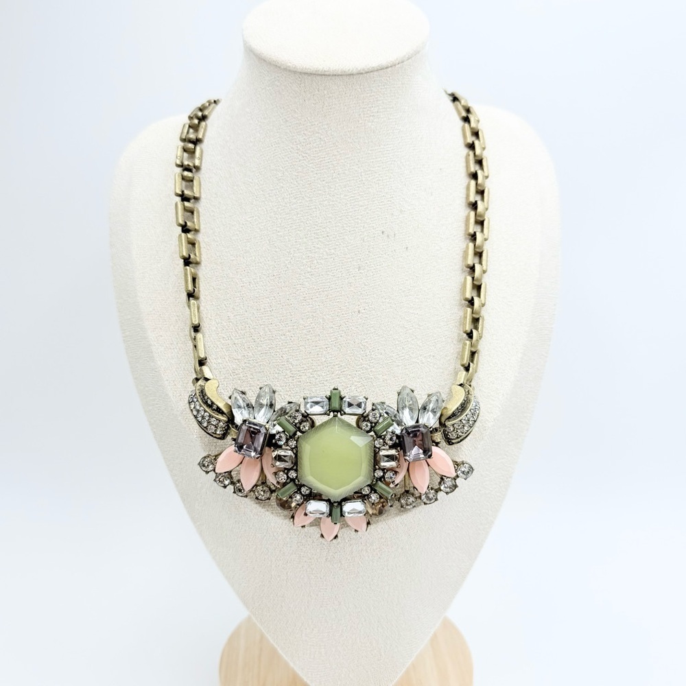 J. Crew Blue Peach Pink Antique Gold Tone Chain Link Statement Necklace